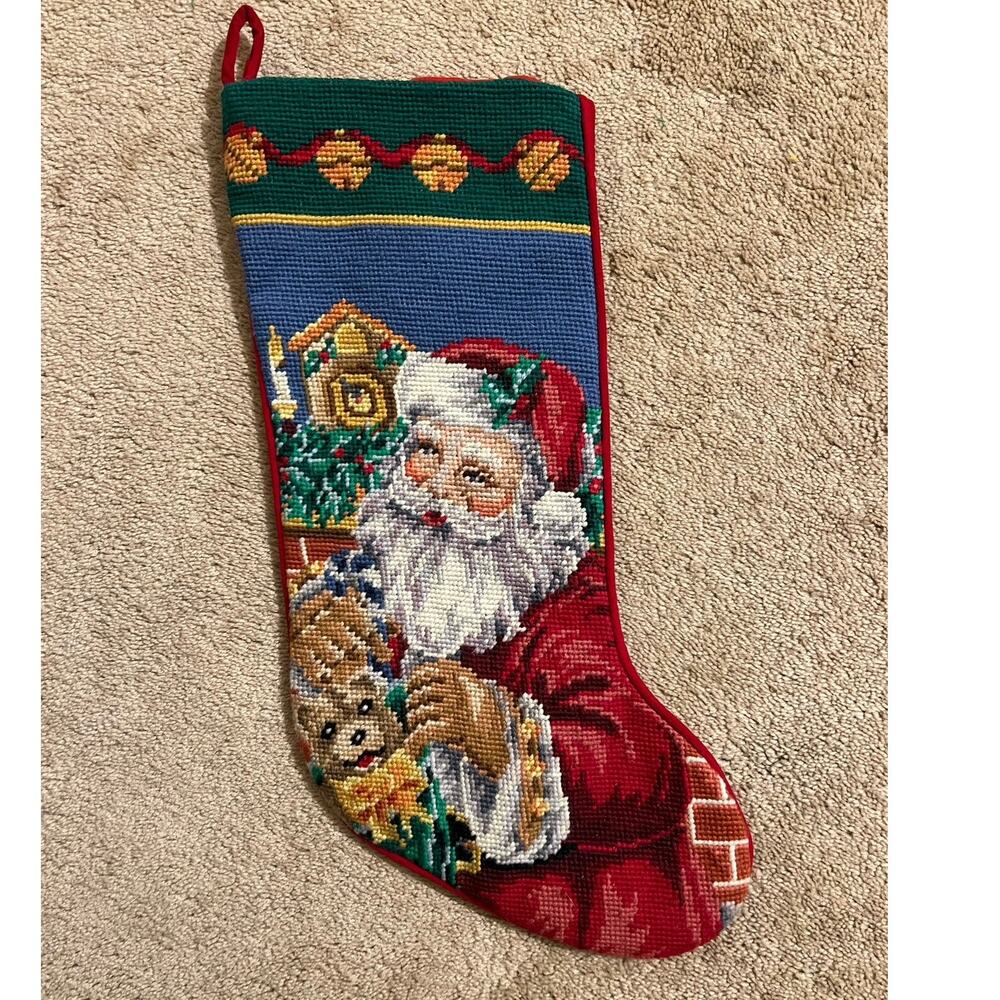 Vintage needlepoint Christmas stocking Santa Claus jingle bells 17”